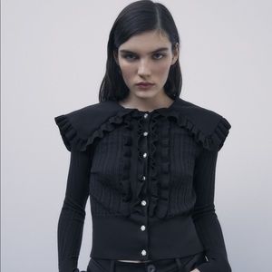 ZARA | Pointelle Knit Ruffle Black Cardigan